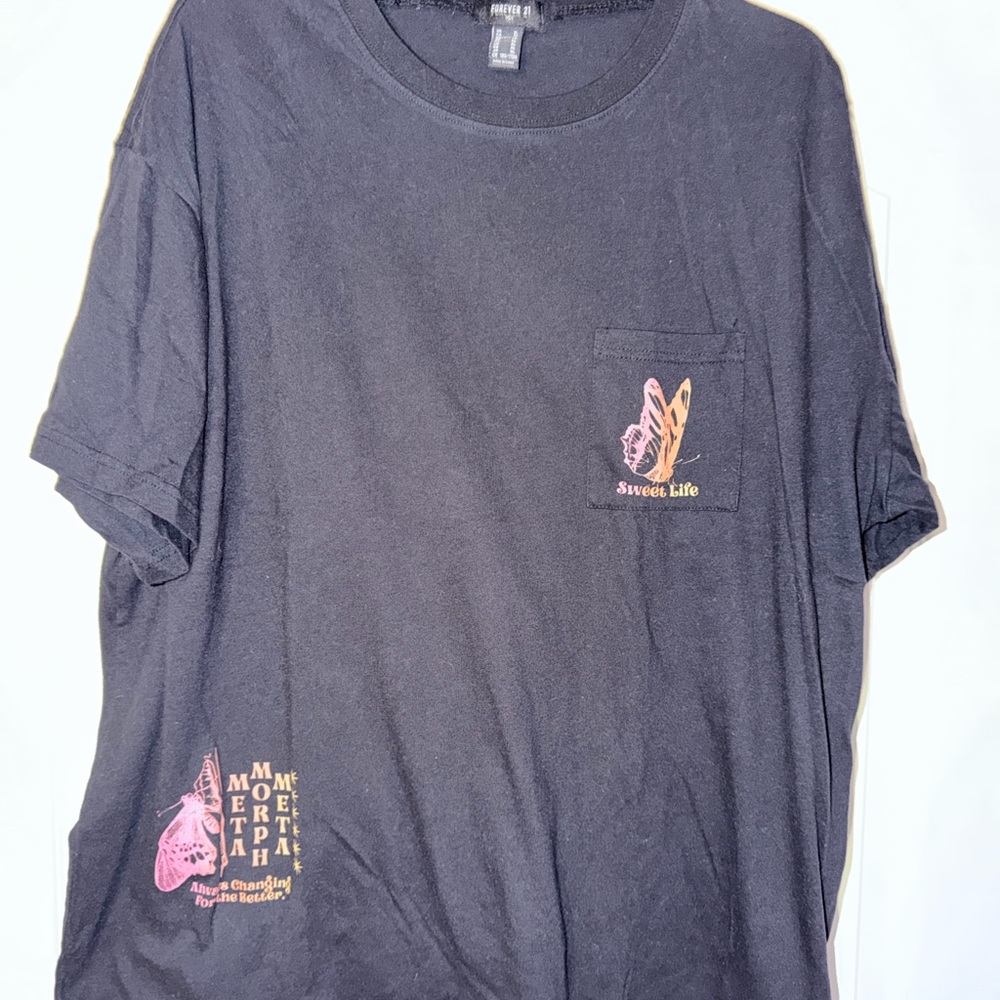 Forever 21 Black Tee with Pink and Gold Butterfly